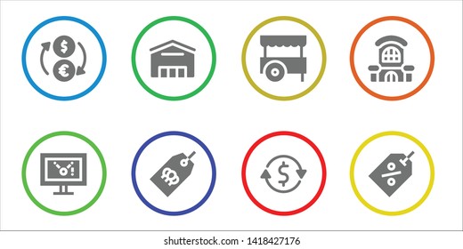 trade icon set. 8 filled trade icons.  Simple modern icons about  - Exchange, Display, Supermarket, Tag, Cart, Currency exchange, Mall