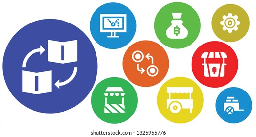 trade icon set. 9 filled trade icons.  Collection Of - Trade, Display, Bitcoin, Stand, Cart, Currency