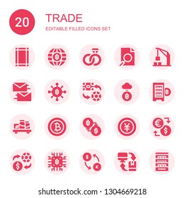 trade icon set. Collection of 20 filled trade icons included Margin, Bitcoin, Engagement, Analysis, Harbor crane, Exchange, Digital currency, Shelf, Baht, Yen, Shelves