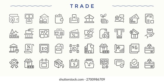 Conjunto de ícones de comércio. Coleção de ícones da Web de linha simples. Conjunto de ícones simples de moedas. Inclui símbolos de linha fina bitcoin, mineração, investimento, banco, virtual e muito mais.
