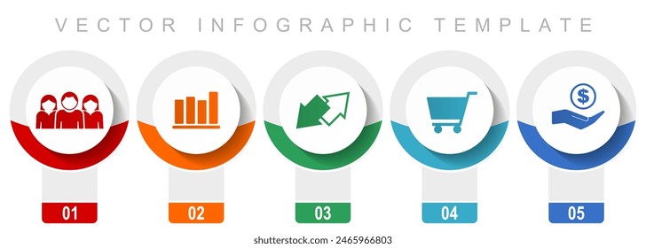 Trade icon set, miscellaneous vector icons such as customers, graph, exchange, cart and bank, modern design infographic template, web buttons in 5 color options