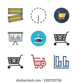 trade icon set. vector set about gold ingots, options, shopping cart and bar chart icons set.