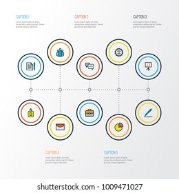 Trade icons colored line set with conversation, administrator, billboard presentation and other circle stats elements. Isolated vector illustration trade icons.