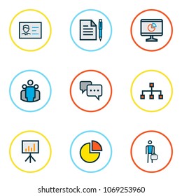 Trade icons colored line set with unity, contract, identification document and other id badge elements. Isolated vector illustration trade icons.
