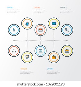 Trade icons colored line set with email, employee, structure and other purse elements. Isolated vector illustration trade icons.