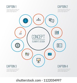 Trade icons colored line set with network, comment, engineer and other id badge elements. Isolated vector illustration trade icons.