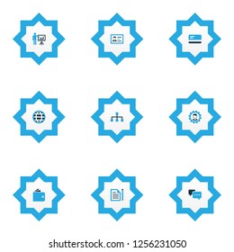 Trade icons colored set with presenting man, billfold, agreement and other dialog elements. Isolated vector illustration trade icons.