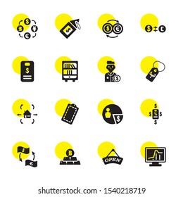 trade icons. Editable 16 trade icons. Included icons such as Analysis, Tag, Bitcoin, Exchange, Export, Buyer, Shelves, Currencies. trade trendy icons for web.