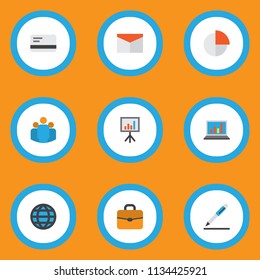 Trade icons flat style set with team, whiteboard, briefcase and other envelope elements. Isolated vector illustration trade icons.