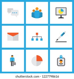 Trade icons flat style set with circle graph, conversation, mail and other chatting elements. Isolated vector illustration trade icons.