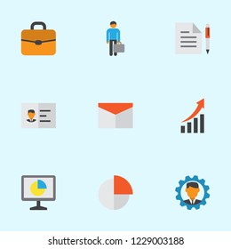 Trade icons flat style set with analytics, circle graph, mail and other contract elements. Isolated vector illustration trade icons.