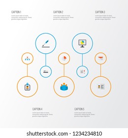 Trade icons flat style set with bank card, team, analytics and other envelope elements. Isolated vector illustration trade icons.