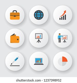 Trade icons flat style set with world, wallet, growing chart and other billfold elements. Isolated vector illustration trade icons.