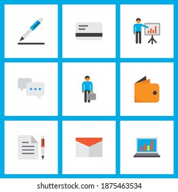 Iconos comerciales de estilo plano con presentación de negocios, tarjeta bancaria, contrato y otros elementos de sobre. Iconos aislados de intercambio de ilustraciones vectoriales.
