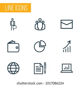 Trade icons line style set with work man, envelope, diagram and other mail elements. Isolated vector illustration trade icons.