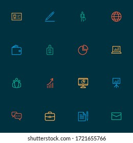 Trade icons line style set with diagram, work man, id badge and other id card elements. Isolated vector illustration trade icons.