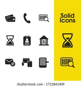 Iconos de operaciones configurados con elementos de documento, llamada y tarjeta de crédito aceptados. Conjunto de íconos comerciales y concepto de construcción bancaria. Elementos vectoriales editables para el diseño de la interfaz de usuario de la aplicación del logotipo.