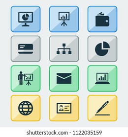 Trade icons set with authentication, global, circle graph and other envelope elements. Isolated vector illustration trade icons.