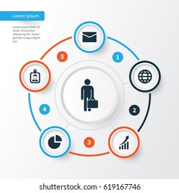 Trade Icons Set. Collection Of Envelope, Work Man, Earth And Other Elements. Also Includes Symbols Such As Businessman, Identification, Badge.