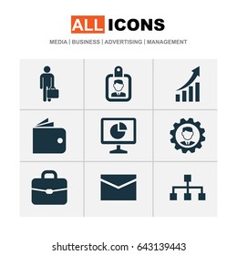 Trade Icons Set. Collection Of Envelope, Suitcase, Leader And Other Elements. Also Includes Symbols Such As Work, Arrow, Briefcase.