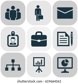 Trade Icons Set. Collection Of Id Badge, Statistics, Envelope And Other Elements. Also Includes Symbols Such As Badge, Handbag, Analytics.