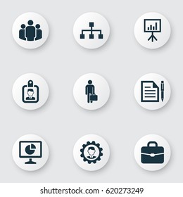 Trade Icons Set. Collection Of Id Badge, Contract, Statistics And Other Elements. Also Includes Symbols Such As Man, Pen, Analytics.
