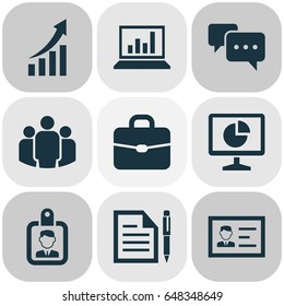 Trade Icons Set. Collection Of Identification, Id Badge, Statistics And Other Elements. Also Includes Symbols Such As Card, Suitcase, Chart.