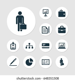 Trade Icons Set. Collection Of Identification, Pie Bar, Id Badge And Other Elements. Also Includes Symbols Such As Board, Contract, Work.