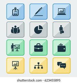 Trade Icons Set. Collection Of Pie Chart, Hierarchy, Diagram And Other Elements. Also Includes Symbols Such As Briefcase, presentation.