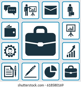 Trade Icons Set. Collection Of Presentation Board, Presenting Man, Suitcase And Other Elements. Also Includes Symbols Such As Graph, Contract, Conversation.