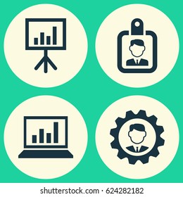 Trade Icons Set. Collection Of Presentation Board, Leader, Id Badge And Other Elements. Also Includes Symbols Such As Laptop, Manager, Gear.