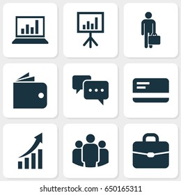 Trade Icons Set. Collection Of Presentation Board, Suitcase, Diagram And Other Elements. Also Includes Symbols Such As Businessman, Group, Presentation.