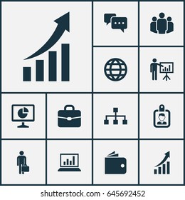 Trade Icons Set. Collection Of Presenting Man, Increasing, Diagram And Other Elements. Also Includes Symbols Such As Handbag, Growing, Wallet.
