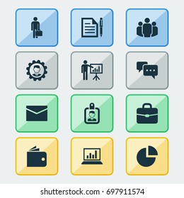 Trade Icons Set. Collection Of Presenting Man, Suitcase, Chatting And Other Elements. Also Includes Symbols Such As Letter, Envelope, Statistics.