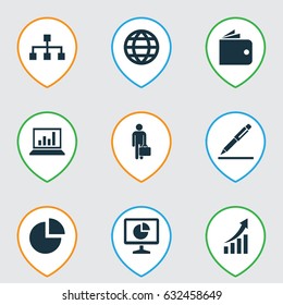 Trade Icons Set. Collection Of Work Man, Hierarchy, Pen And Other Elements. Also Includes Symbols Such As Work, Billfold, Hierarchy.