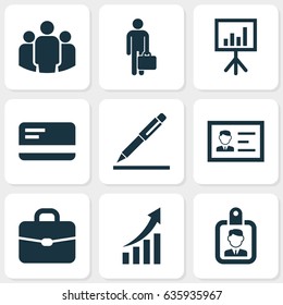 Trade Icons Set. Collection Of Work Man, Group, Suitcase And Other Elements. Also Includes Symbols Such As Badge, Card, Growing.