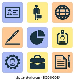 Trade icons set with contract signing, global, identification and other contract elements. Isolated vector illustration trade icons.