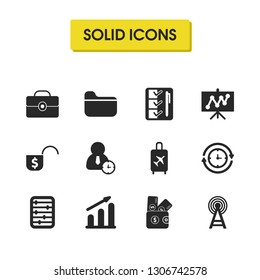 Trade icons set with graph increase, airplane flight and board elements. Set of trade icons and radio station concept. Editable vector elements for logo app UI design.