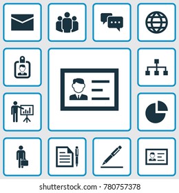 Trade icons set with hierarchy, envelope, presenting man and other identification elements. Isolated vector illustration trade icons.
