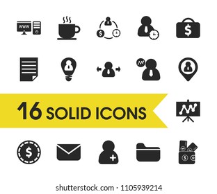 Trade icons set with human time, sheet and computer elements. Set of trade icons and dossier concept. Editable vector elements for logo app UI design.