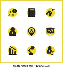 Trade icons set with human time, static and screen elements. Set of trade icons and time management concept. Editable vector elements for logo app UI design.