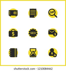 Trade icons set with letter money, loop statistic and hourglass elements. Set of trade icons and briefcase concept. Editable vector elements for logo app UI design.