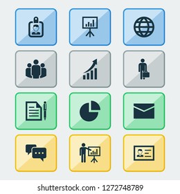 Trade icons set with mail, circle graph, conversation and other chatting elements. Isolated vector illustration trade icons.
