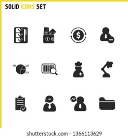 Trade icons set with money reset, qr code and pie chart elements. Set of trade icons and scanning concept. Editable vector elements for logo app UI design.