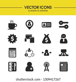 Trade icons set with personal card, communications tower and nurse elements. Set of trade icons and device concept. Editable vector elements for logo app UI design.