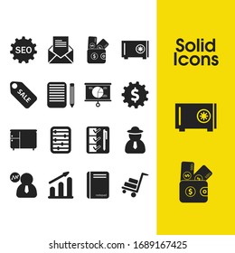 Los iconos de operaciones se configuran con elementos de SEO postales, seguros y de configuración. Conjunto de íconos comerciales y concepto de hombre de negocios. Elementos vectoriales editables para el diseño de la interfaz de usuario de la aplicación del logotipo.