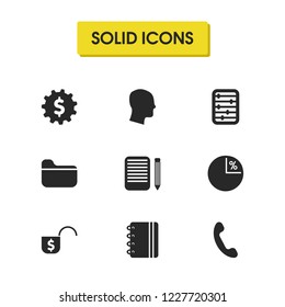 Trade icons set with scores, sheet with pencil and money without lock elements. Set of trade icons and notepad concept. Editable vector elements for logo app UI design.
