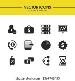 Trade icons set with screen, return document and airplane flight elements. Set of trade icons and presentation concept. Editable vector elements for logo app UI design.