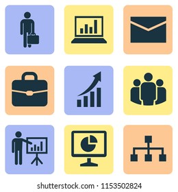 Trade icons set with team, businessman, briefcase and other presenting man elements. Isolated vector illustration trade icons.