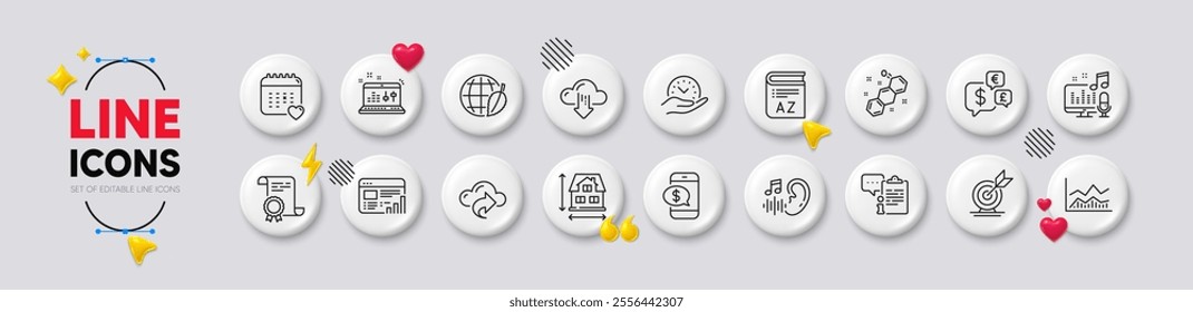 Trade infochart, Cloud share and Environment day line icons. White buttons 3d icons. Pack of Healthcare calendar, Web report, Hearing icon. Vector